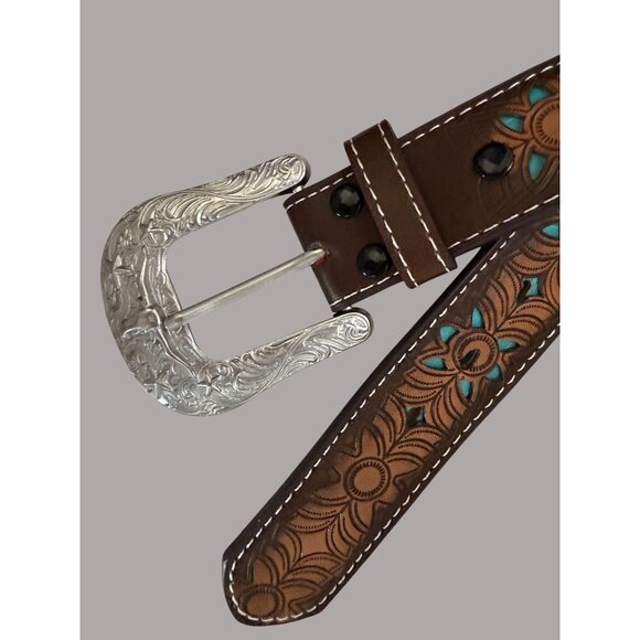 Western Floral Tooled Leather Belt With Turquoise Accents & Silver Buckle - Unis - Picture 1 of 7